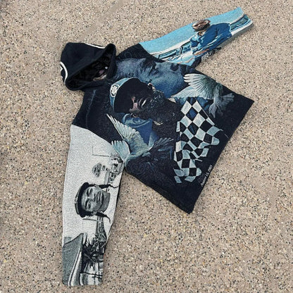 Black oversized hoodie y2k clothes mens with detailed blue white gray graphic panels checkered pattern style hoodie y2k