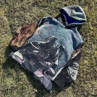 A textured multicolored oversized hoodie y2k clothes mens featuring a 3d graphic print of an astronaut with earth scenery