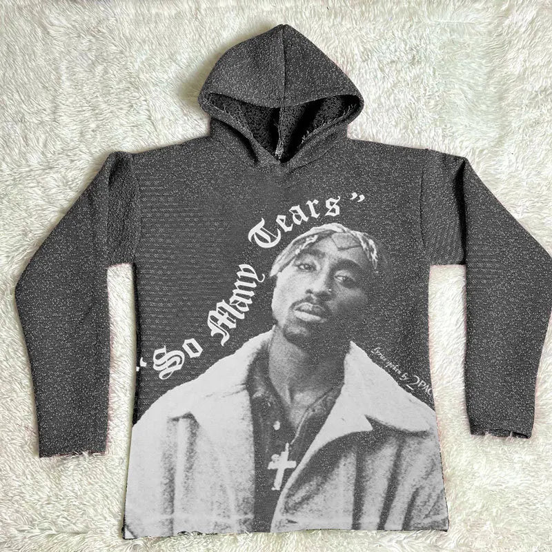 Dark gray style hoodie y2k featuring black and white tupac graphic and so many tears text in oversized 3d design
