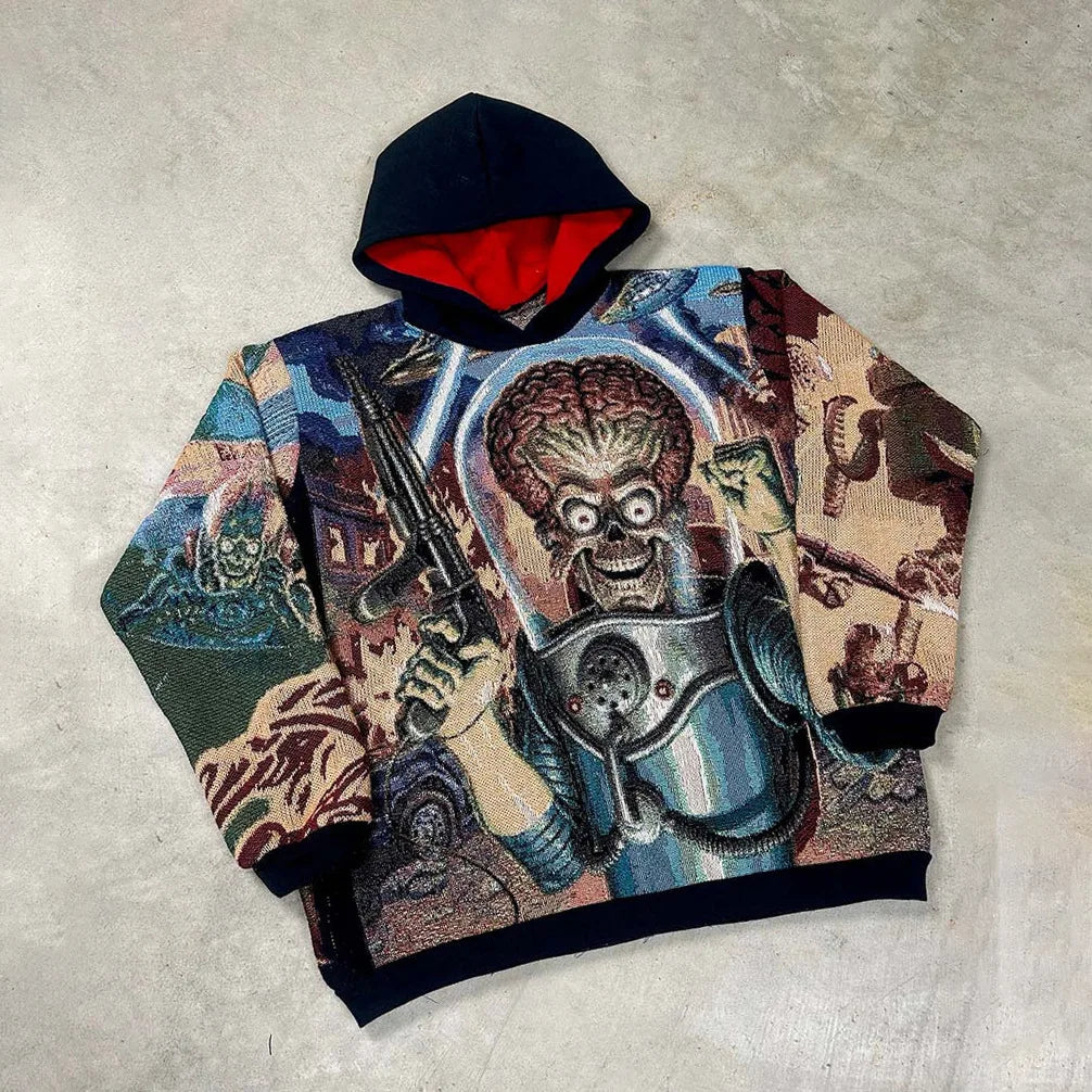 Black hooded style hoodie y2k with red lining featuring 3d alien print gun armor oversized pullover jacket