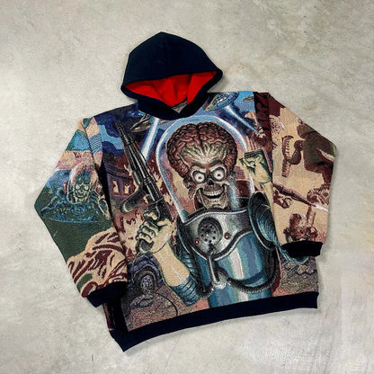 Black hooded style hoodie y2k with red lining featuring 3d alien print gun armor oversized pullover jacket
