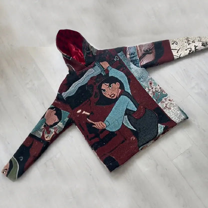 A maroon and teal embroidered oversized style hoodie y2k featuring mulan with red-lined hood for y2k clothes mens and womens