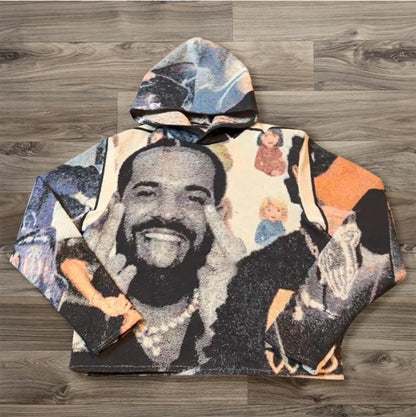 A vibrant oversized style hoodie y2k featuring drake portrait with black white blue orange and beige accents for mens and womens