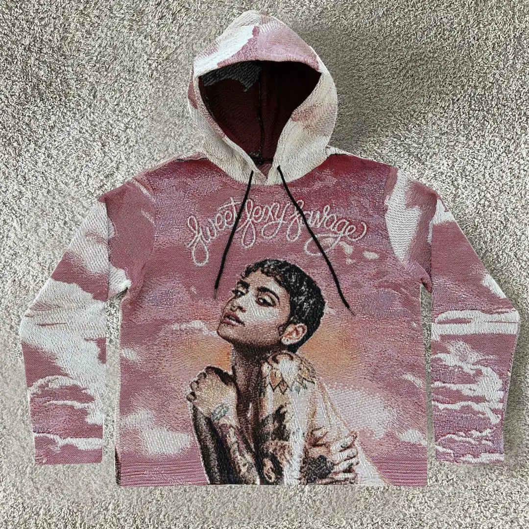 Pink and white tie-dye style hoodie y2k with textured woven design and sweet sexy savage logo for y2k clothes mens and womens