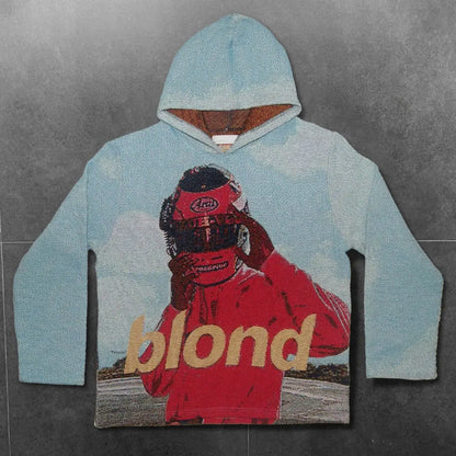 Light blue oversized hoodie y2k clothes mens with red racing helmet graphic and gold blond lettering front pullover jacket