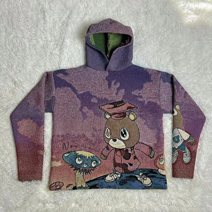 Purple oversized style hoodie y2k with tapestry cartoon bear and mushrooms graphic for y2k clothes mens and womens