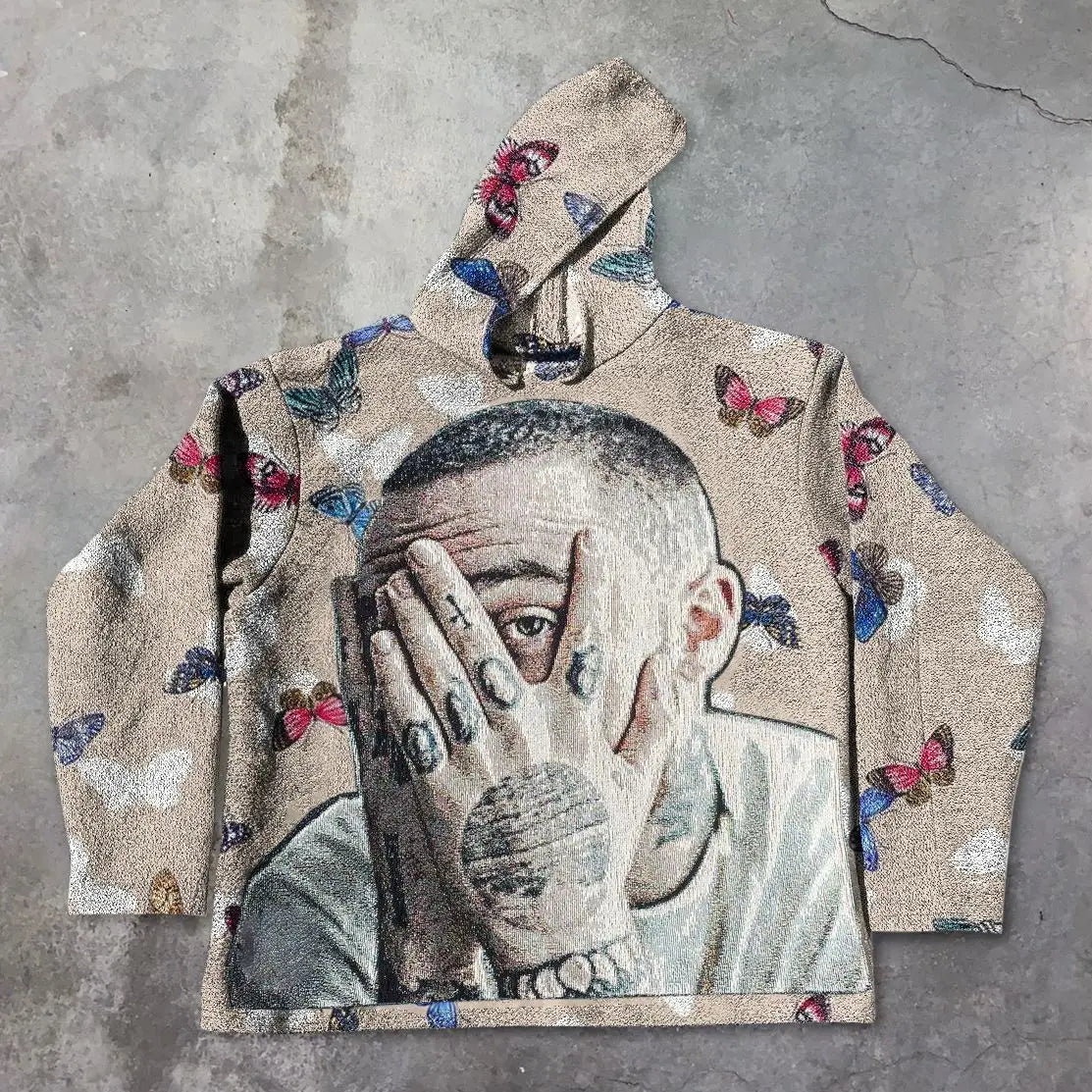 Beige oversized style hoodie y2k with a textured tapestry print of a tattooed man and colorful butterflies for y2k clothes mens