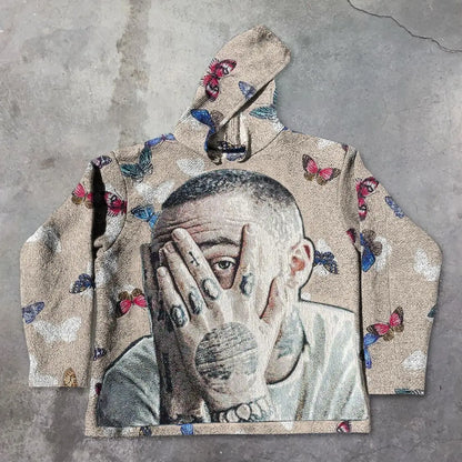 Beige oversized style hoodie y2k with a textured tapestry print of a tattooed man and colorful butterflies for y2k clothes mens