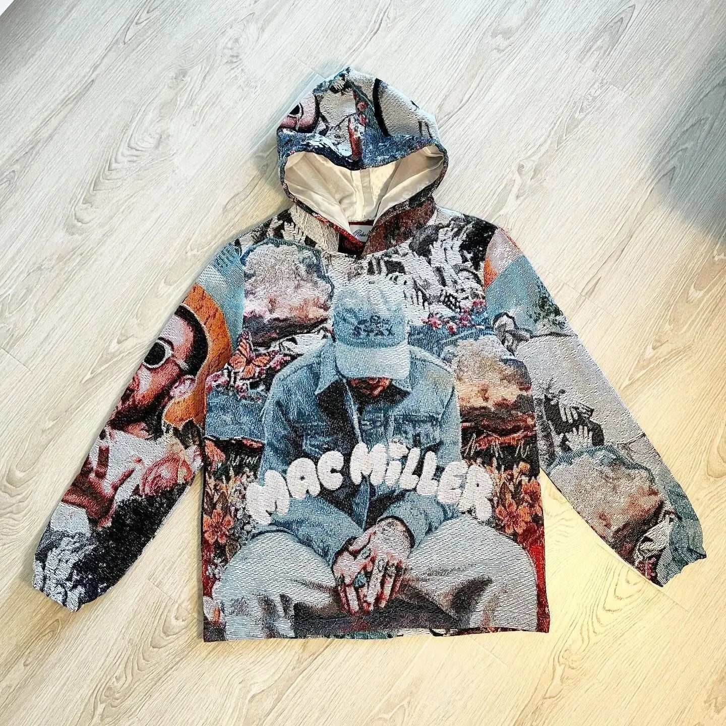 A textured multicolored mac miller portrait hoodie with bold white lettering in american style hoodie y2k clothes mens
