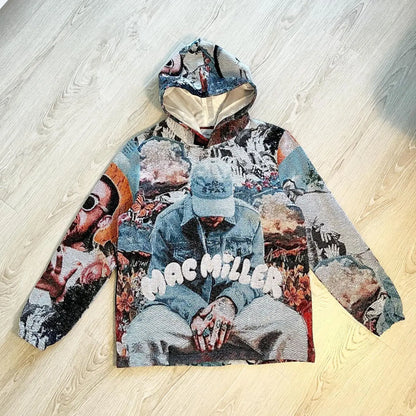 A textured multicolored mac miller portrait hoodie with bold white lettering in american style hoodie y2k clothes mens