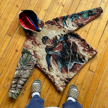 A textured tapestry style hoodie y2k clothes mens featuring a detailed blue and red superman graphic with earthy brown tones