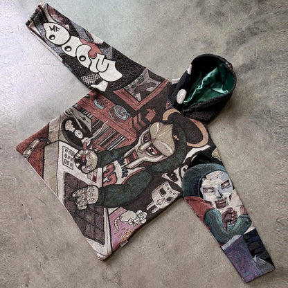 Black hooded sweatshirt featuring vibrant tapestry style graphic with stylized faces and abstract elements style hoodie y2k