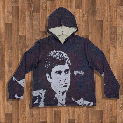 Dark blue denim style hoodie y2k with white graphic print of a mans face and wesley text on the chest