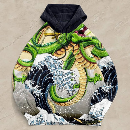 Green and gold dragon-themed corduroy hoodie y2k clothes mens with black drawstring hood american style oversized pullover
