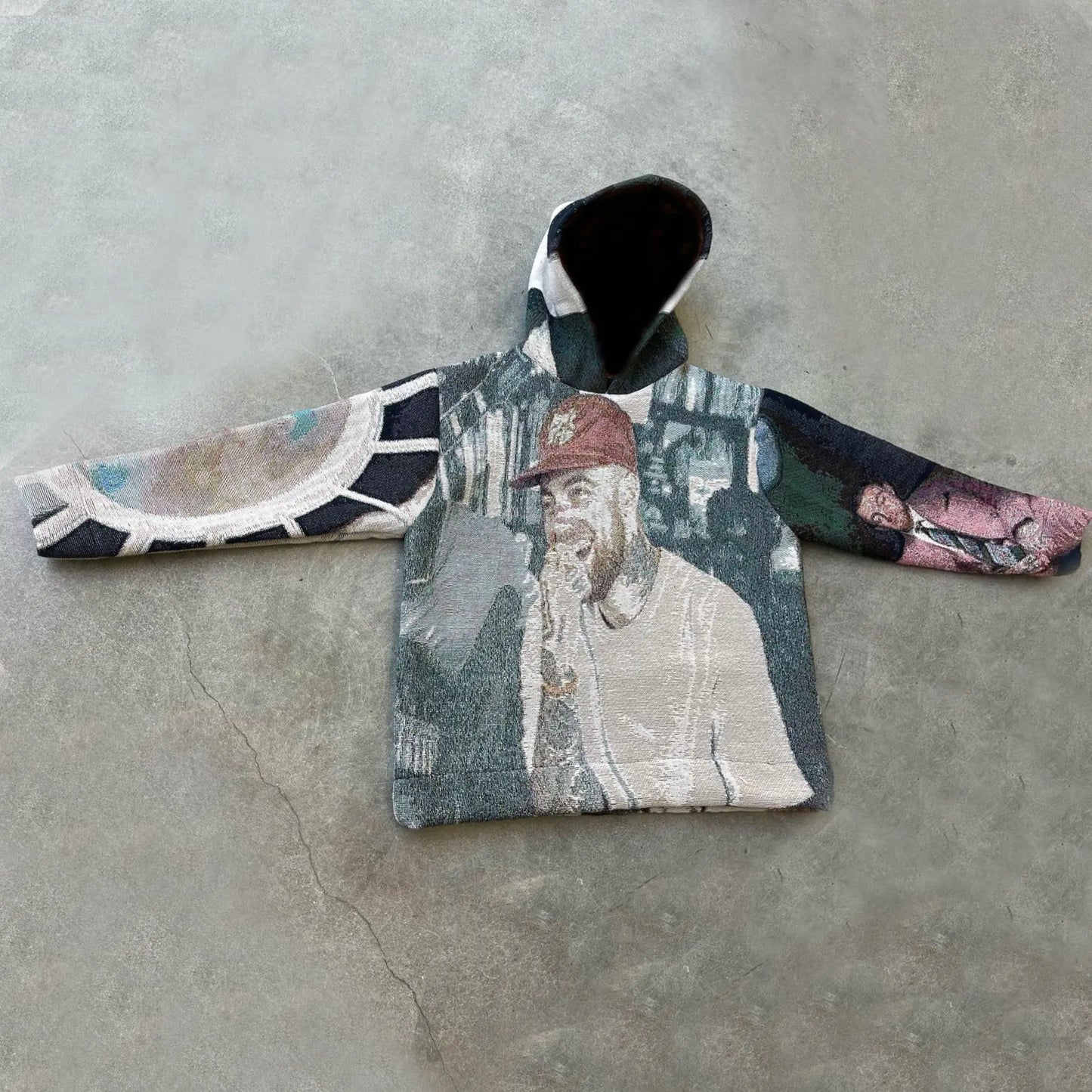 Textured tapestry-style oversized american style hoodie y2k featuring a detailed portrait with muted tones for y2k clothes mens