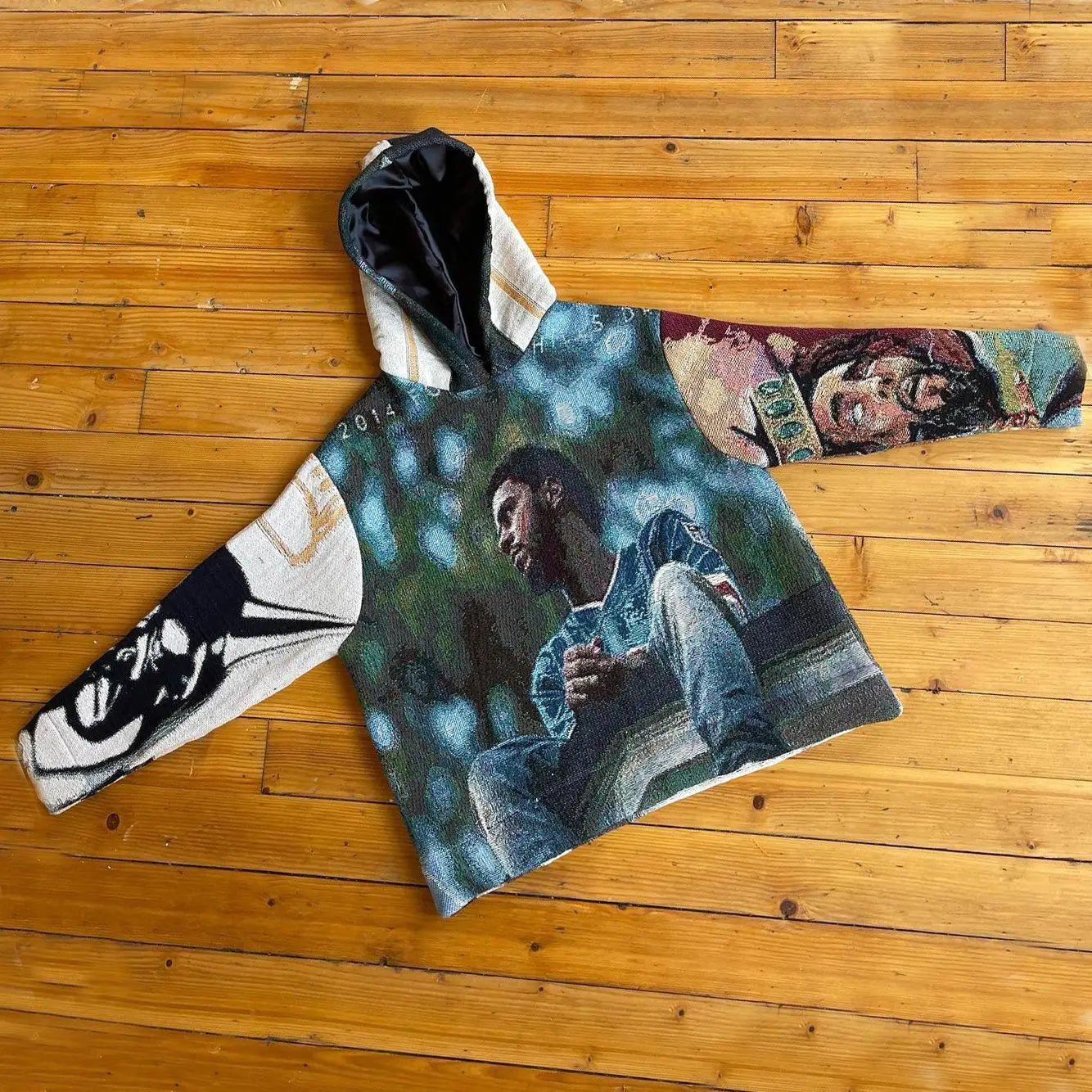 Tapestry style hoodie y2k clothes mens with blue jeans graphic and black white sleeves in oversized punk rock design