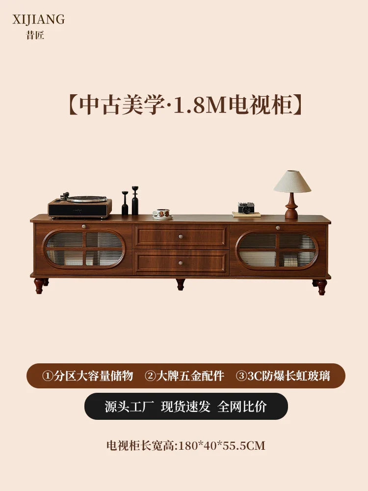 Dark brown wooden vintage tv stand with oval glass doors and drawers featuring mid century aesthetic cabinet classic luxury design