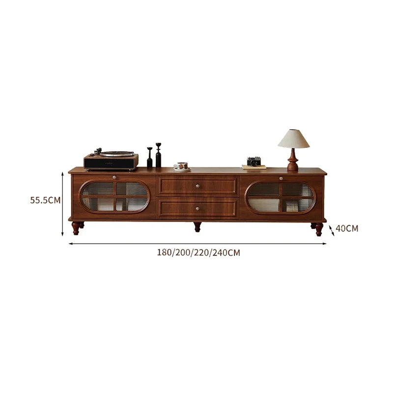 Brown wooden vintage tv stand with oval glass doors and drawers showcasing mid century aesthetic cabinet classic luxury