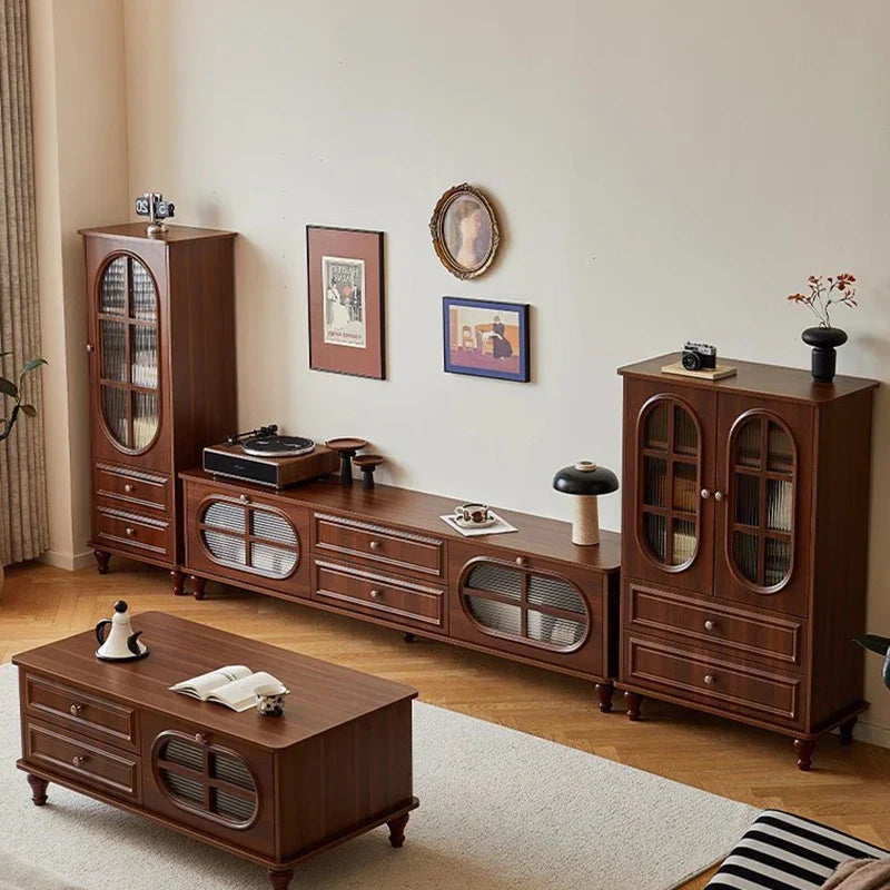 Dark brown wooden vintage tv stand with oval glass doors and matching drawers in mid century aesthetic cabinet classic luxury design