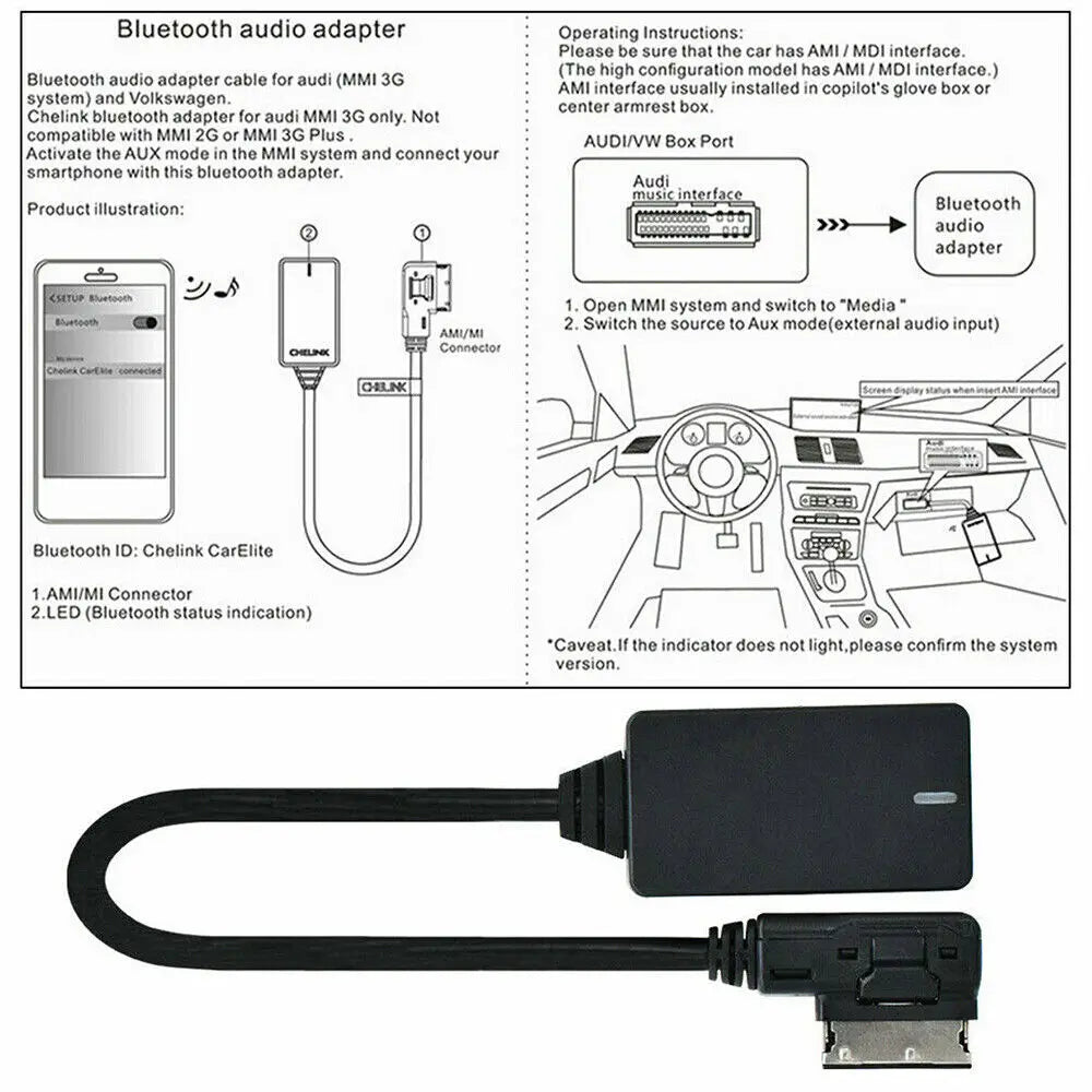 Black chelink carelite bluetooth audio cable adapter for audi mmi bluetooth music systems q7rs4 rs5 rs6 compatible