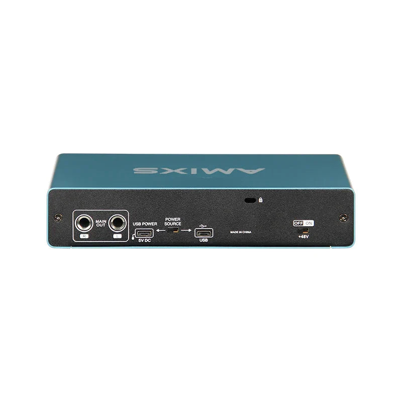 Teal amixs uc42 audio interface back panel with usb ports 3.5mm jacks power switch for recording computer free use