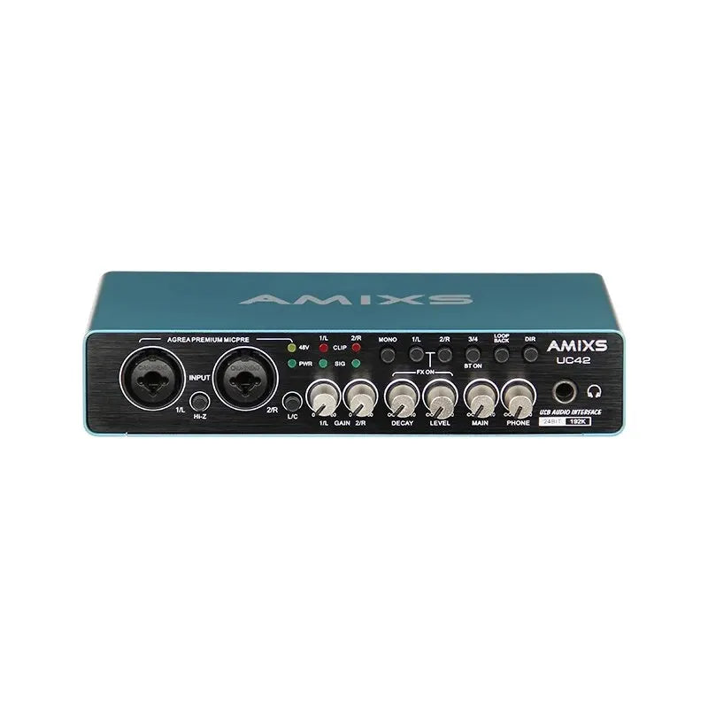 Teal amixs uc42 audio interface with black front panel and silver knobs for recording computer free professional audio equipment
