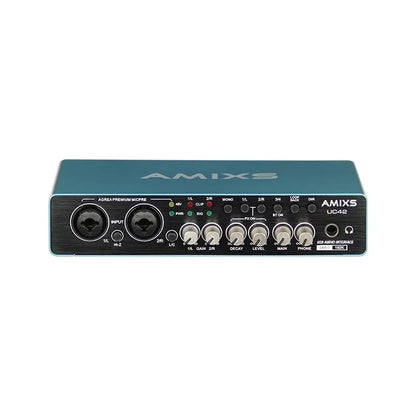 Teal amixs uc42 audio interface with black front panel and silver knobs for recording computer free professional audio equipment