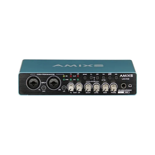Teal amixs uc42 audio interface with black front panel and silver knobs for recording computer free professional audio equipment