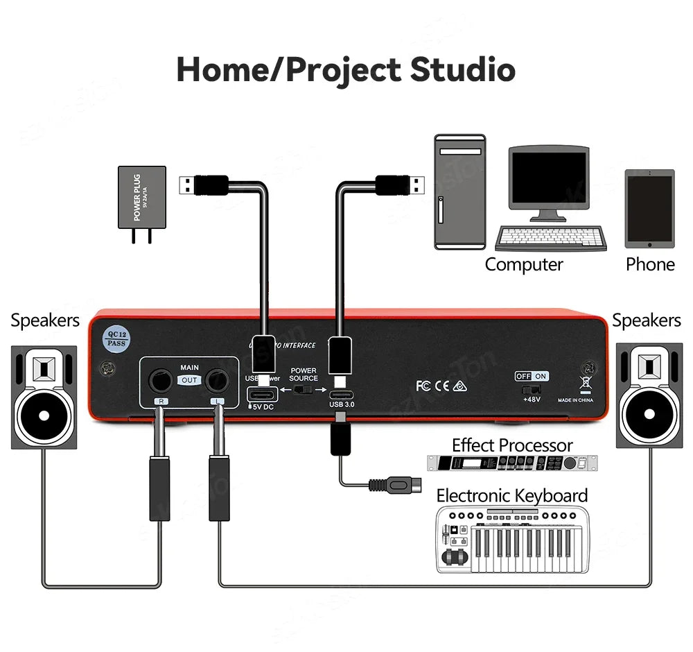 Red and black amixsq22 audio interface external sound card with usb 3.0 ports and headphone output for pro audio equipment