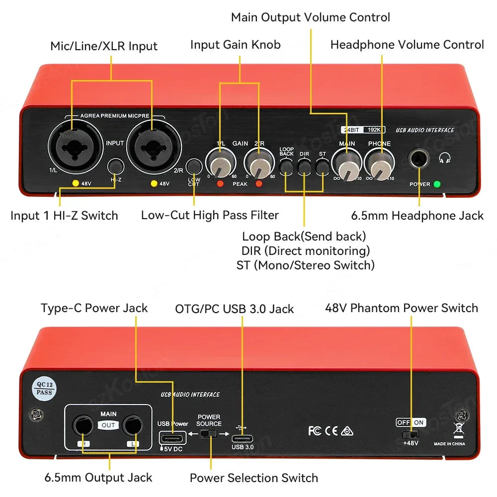 Red and black Amixsq22 audio interface with multiple jacks and volume controls for pro audio equipment professional video use