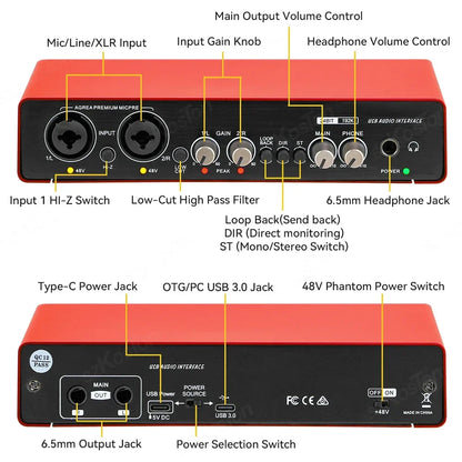 Red and black Amixsq22 audio interface with multiple jacks and volume controls for pro audio equipment professional video use