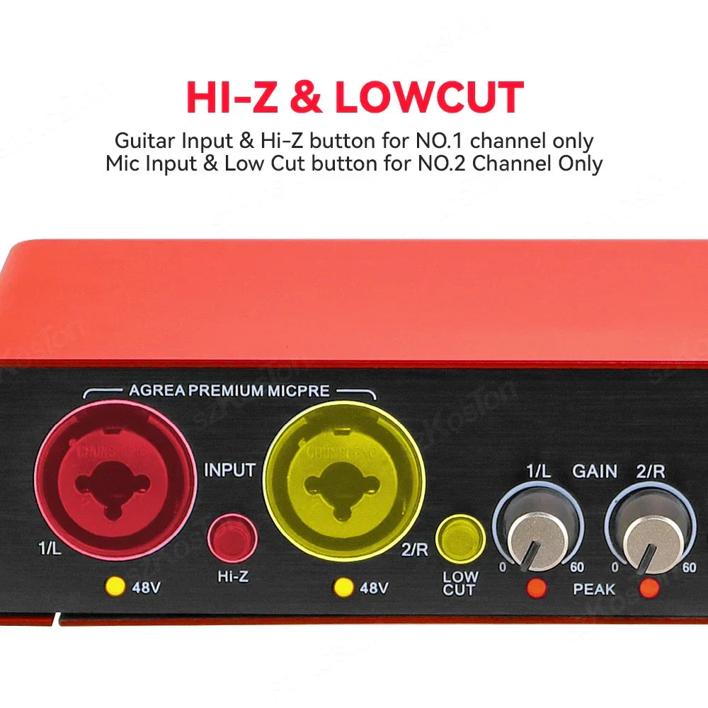 Red and black amixsq22 audio interface with two xlr inputs gain knobs and low-cut controls for pro audio equipment professional video