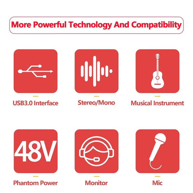 Red square icons with white line art showing usb3.0 stereo audio and microphone features on amixsq22 audio interface external sound card pro audio equipment