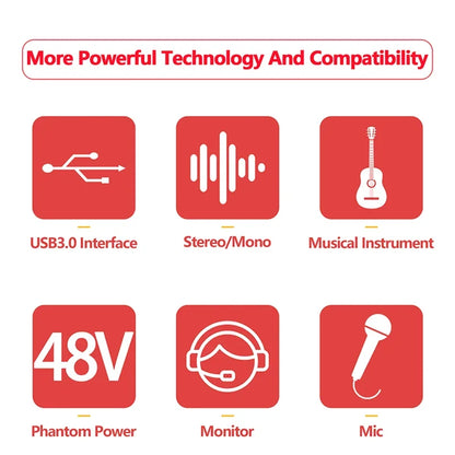 Red square icons depicting usb3.0 stereo audio musical instrument phantom power headset mic on amixsq22 audio interface pro audio equipment