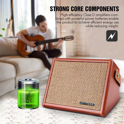 Brown leather-wrapped ammoon acoustic guitar amplifier with woven grille and reverb effect for enhanced sound control