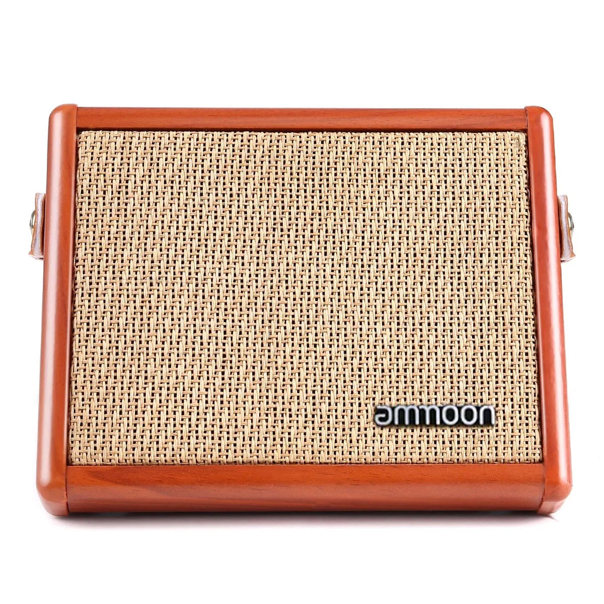 A rectangular wooden-framed ammoon acoustic guitar amplifier with beige woven cane grille and reverb effect controls