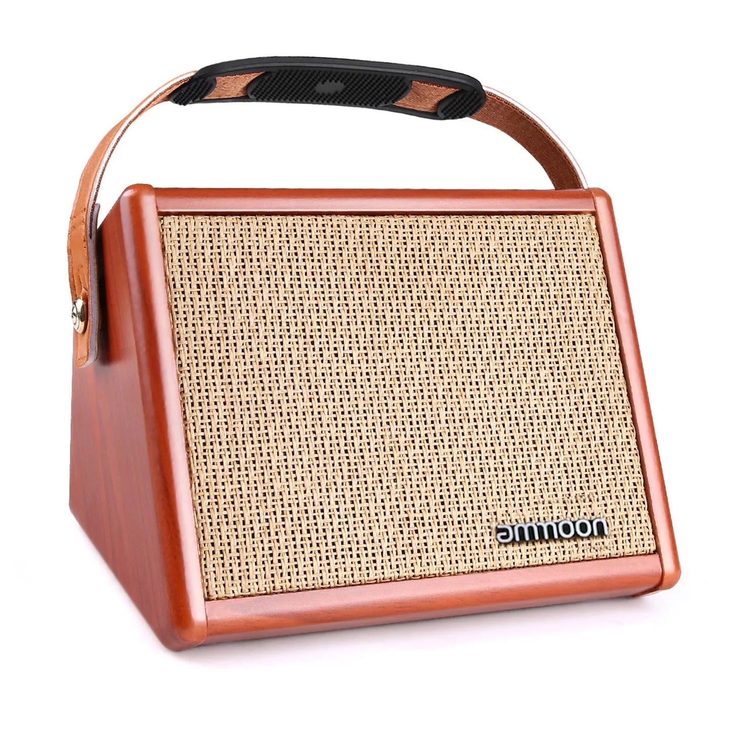 Orange retro-style ammoon acoustic guitar amplifier with woven grille, leather handle, and reverb effect controls