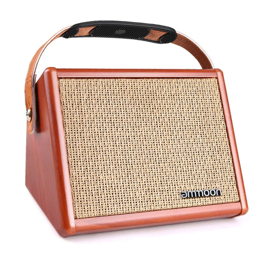 Orange retro-style ammoon acoustic guitar amplifier with woven grille, leather handle, and reverb effect controls