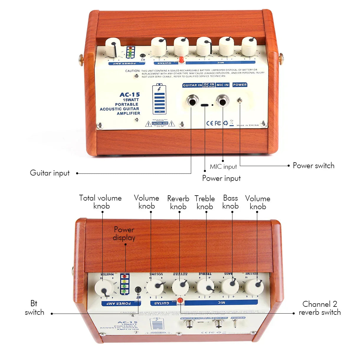 Wooden-bodied ammoon acoustic guitar amplifier with white knobs and reverb effect volume treble bass controls