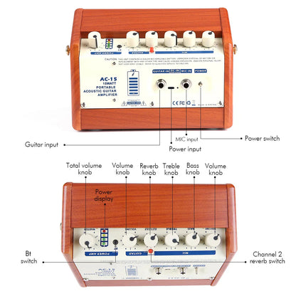 Wooden-bodied ammoon acoustic guitar amplifier with white knobs and reverb effect volume treble bass controls