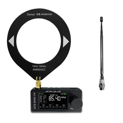 Black amnvolt v4b ats mini si4732 band dsp radio with donut wb antenna, telescopic antenna, and wired headphone feature