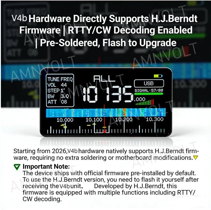 Black rectangular amnvolt v4b ats mini si4732 band dsp radio with blue green display showing signal strength and usb connectivity