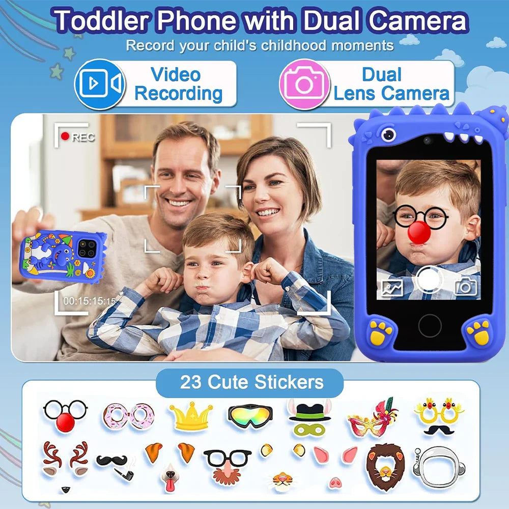 Blue dinosaur-themed amorus children smart phone toy with 2.8 inch touchscreen digital camera toys ideal christmas birthday gift