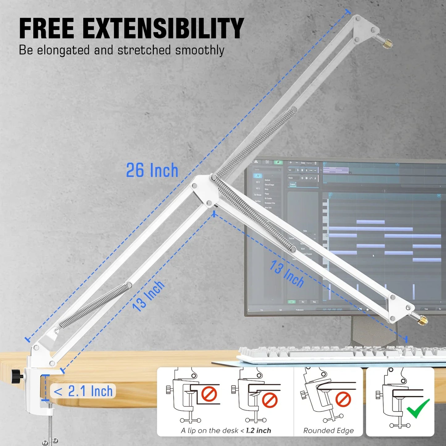 White adjustable desk lamp with extendable arms and spring-loaded joints in fifine metal microphone sturdy universal mount podcast setup-cs1w white