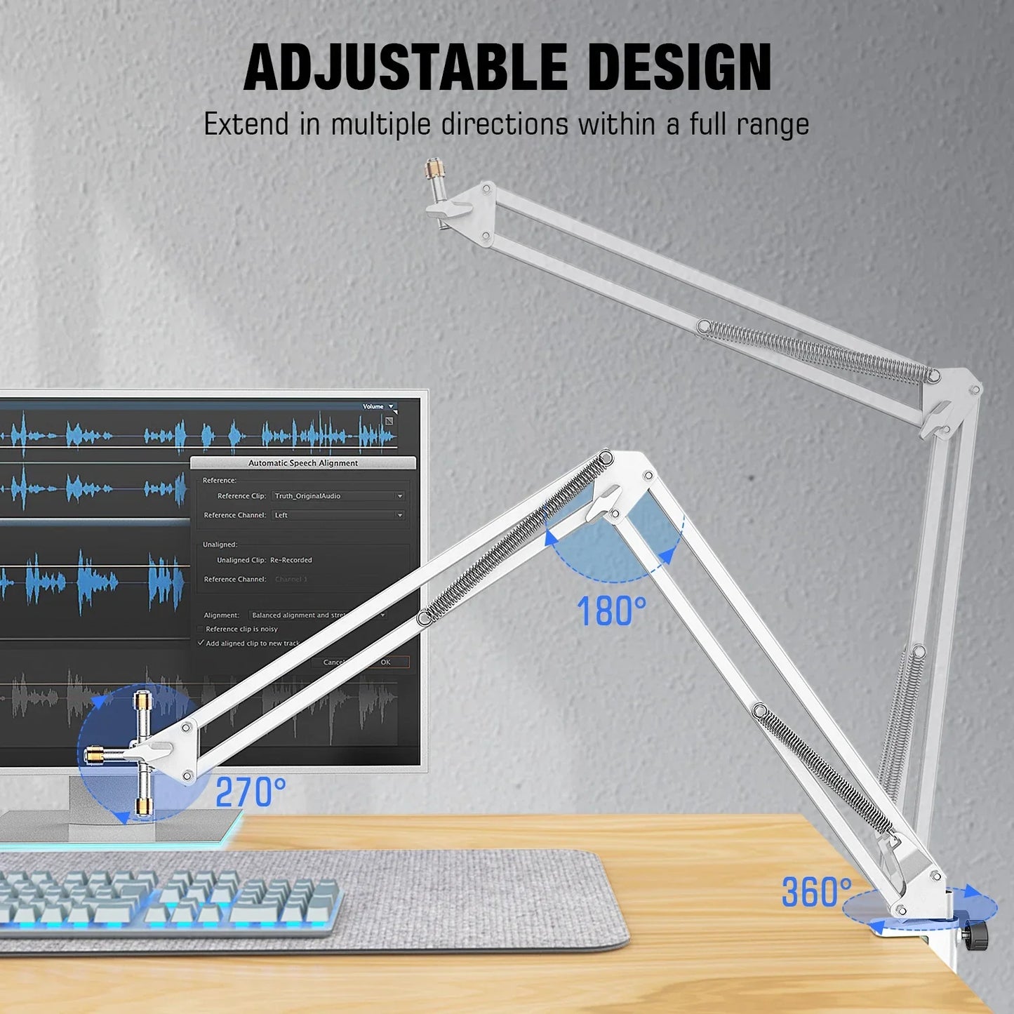 White adjustable desk lamp arm with articulated joints and springs for flexible positioning on fifine metal microphone stand cs1w white