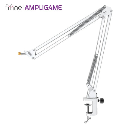 White adjustable desk lamp arm with metallic springs and clamp base for fifine metal microphone sturdy universal mount podcast setup-cs1w white