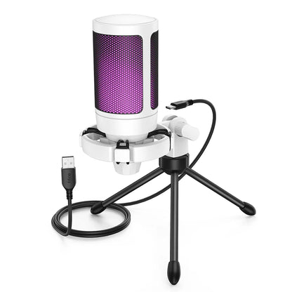 White and purple usb gaming microphone with mesh grille and light-touch mute condenser mounted on black tripod for laptop streaming-a2