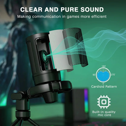 Black cylindrical usb gaming microphone with mesh grille built-in mic core tripod stand for laptop streaming-a2