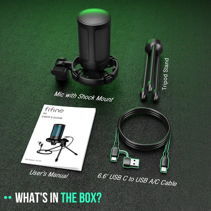 Black usb gaming microphone ampliGame by FIFINE with green illuminated top light-touch mute condenser for laptop streaming-a2