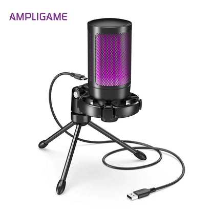 Black ampligame usb gaming microphone with purple mesh grille tripod stand light-touch mute condenser laptop streaming-a2